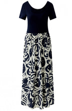Load image into Gallery viewer, Off White and Dark Blue Floral Skirt Jersey Dress