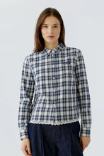 Load image into Gallery viewer, Oui Plaid Lace Trim Blouse - Blue/Cream