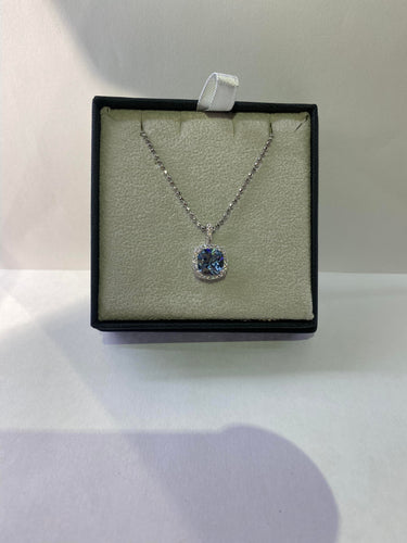 Silver and Aqua Cubic Zirconia Square Cushion Necklace